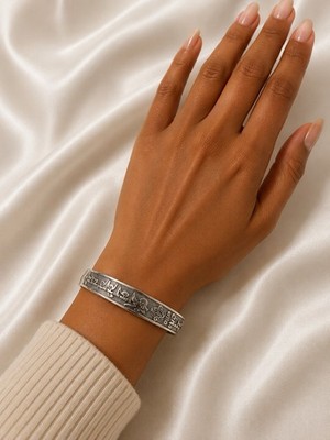 Silver Tone Etched Symbol Pattern Open Cuff Bracelet Adjustable Metal No Stone
