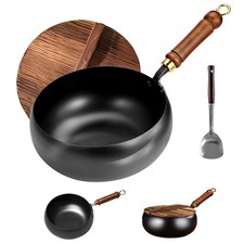 Uncoated Iron Pan, Nonstick Wok Hand Forged Iron Pan with Lid Stir Fry Wok Sk...