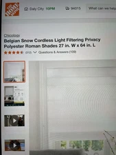 27"x64" Chicology Light Filtering Roman Curtain Shade Belgian Snow