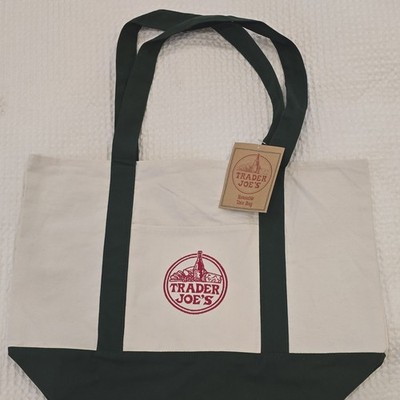 Trader Joe's Foldable Canvas Reusable Tote Bag Beige green Solid