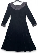 Vintage Victor Costa Velvet Dress Womens S Black Lace Crochet Collar Goth Gothic