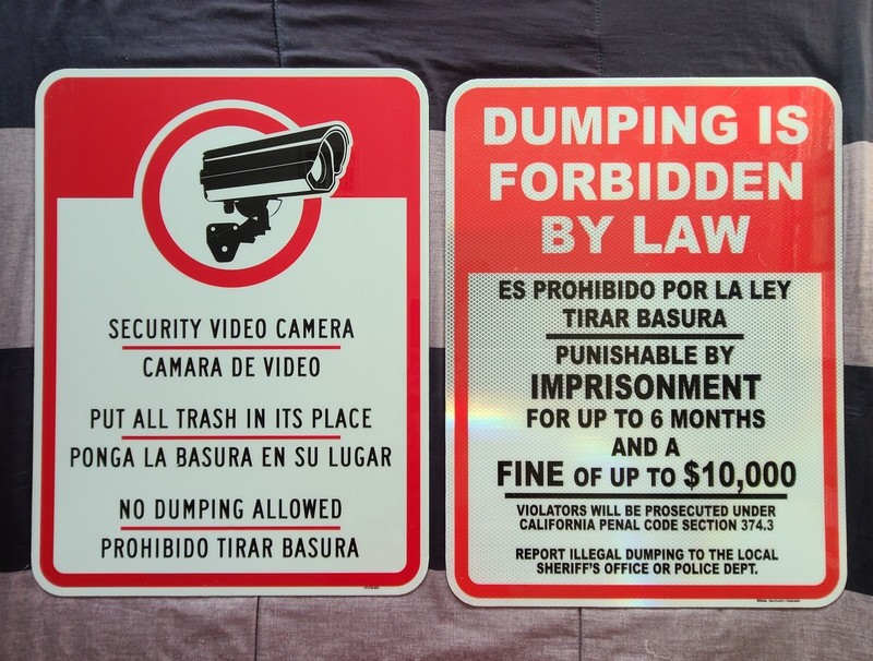 Dumping Is Forbidden By Law Bilingual & Security Video Cam. Metal Signs 24"x18" 