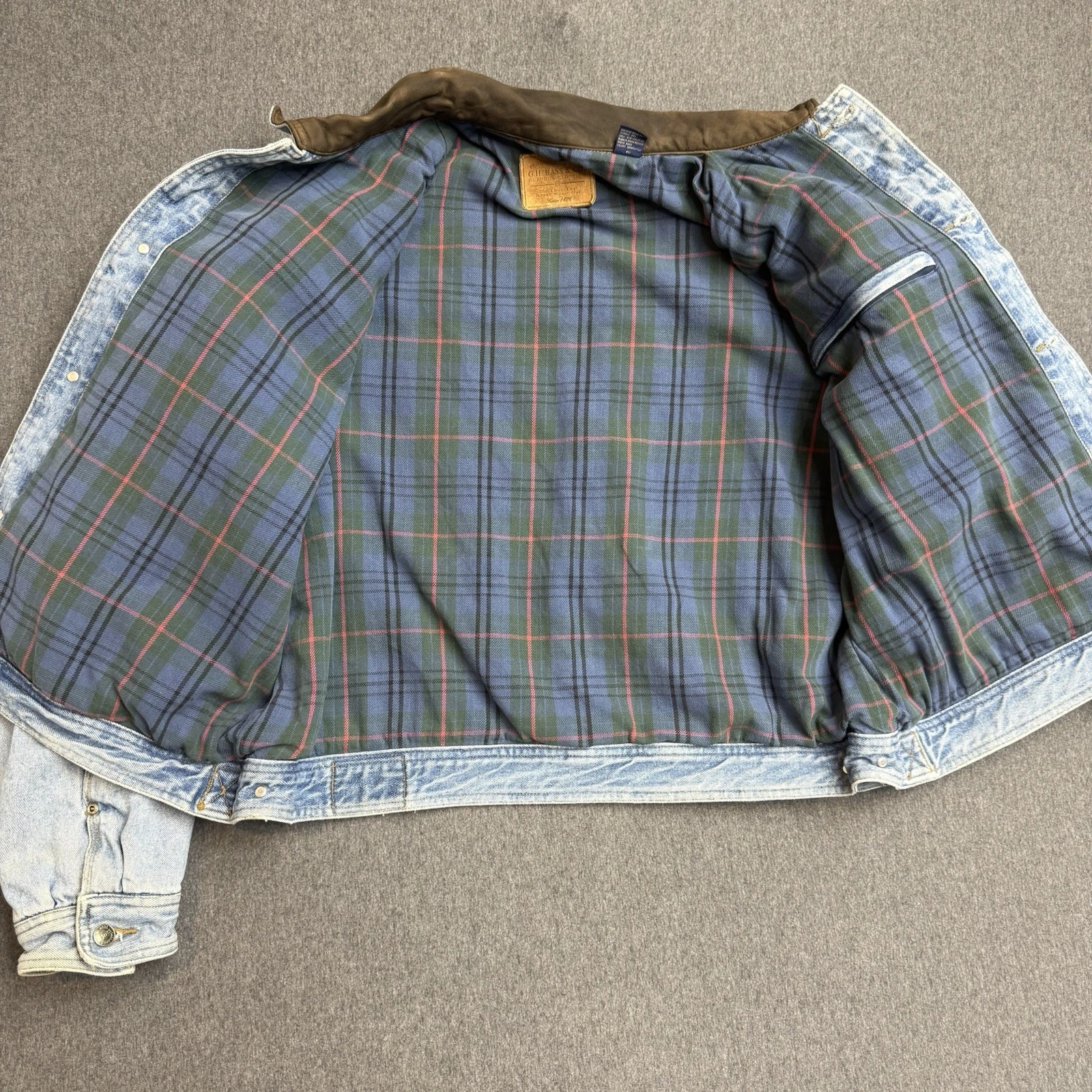 Vintage 90s GH Bass Denim Jacket Mens XL Leather Collar Plaid Lined Workwear image 6