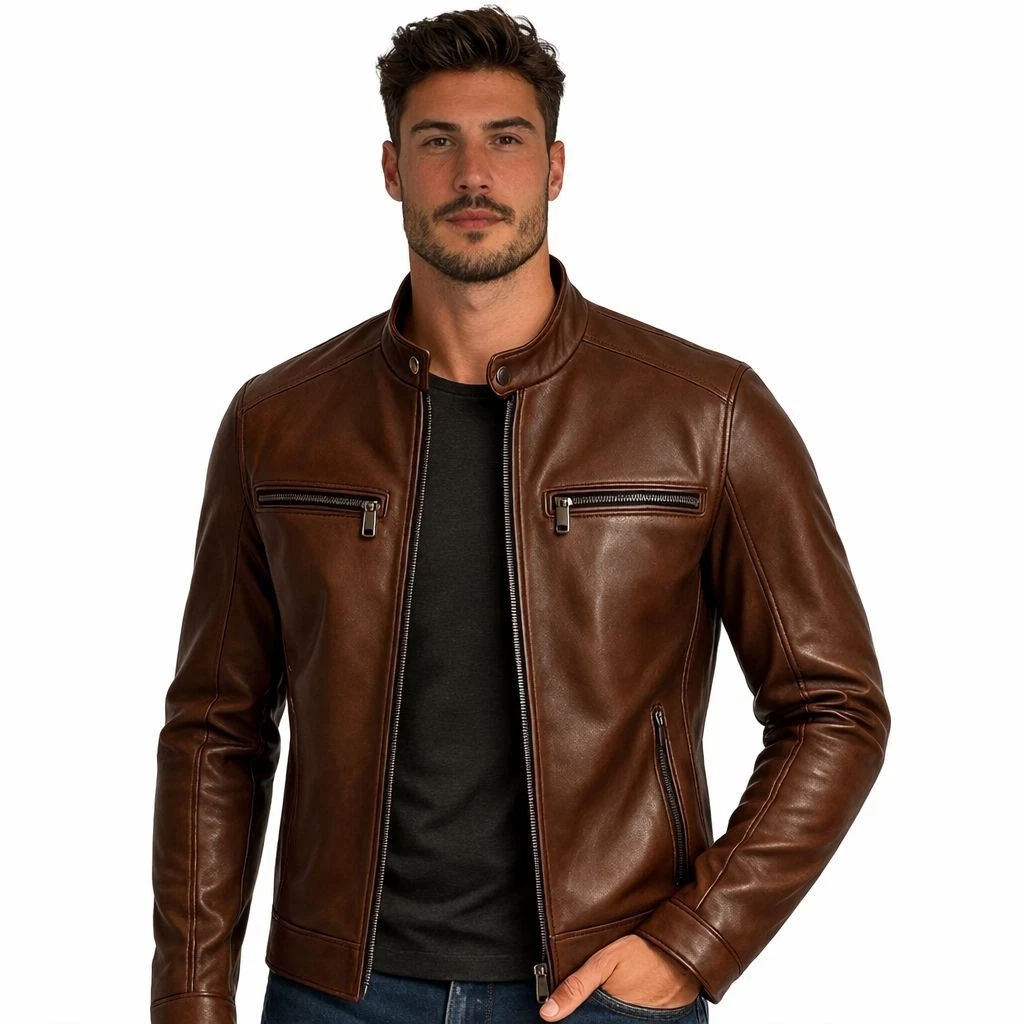Mens Cafe Racer Biker Real Leather Jacket Casual Wear Sheepskin Vintage Style