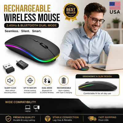 Wireless Rechargeable Mouse Bluetooth 2.4GHz Dual Mode for PC Laptop Mac