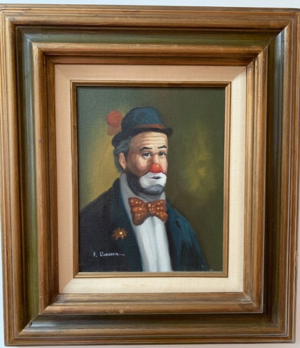 F. Dressen Clown Portrait 8 x 10 Original Painting Wood Frame MCM Art Bow Tie - Picture 2 of 12