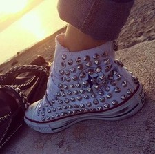 Converse White Custom Studded Dirty Effect Studs Silver Full Skulls