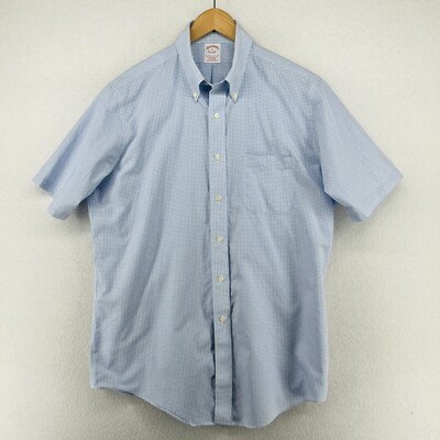 BROOKS BROTHERS Shirt Mens 16 Short Sleeve Tattersall Check Non Iron Cotton Blue