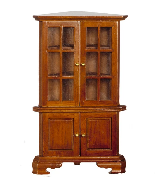 Corner China Cabinet Walnut Colour Furniture Dolls House Miniature 1 12th Scale