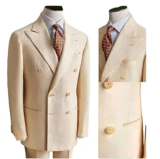 Linen 2 Pieces Men's Suits Cream Double Breasted Summer Wedding Party Blazer