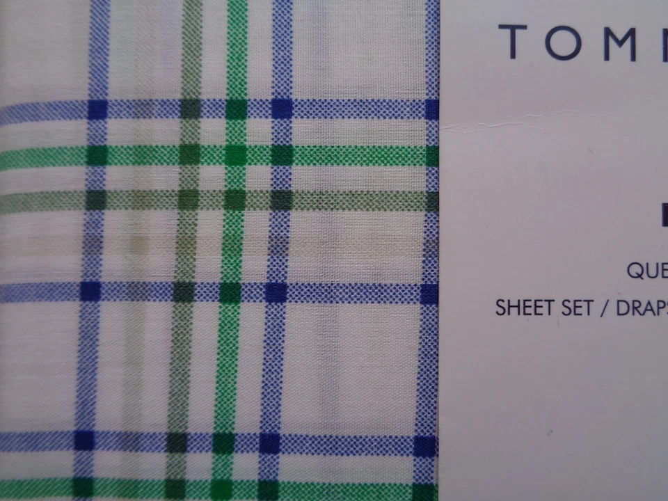 Tommy Hilfiger White Blue Green Windowpane Plaid Queen Printed Sheet Set Cotton - Image 2 of 4