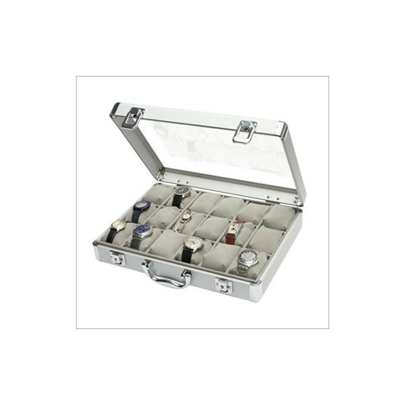 Mallette de 18 montres en alu et velours gris pour coffret de rangement
