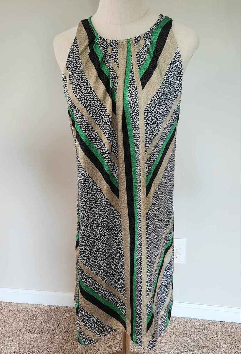 dana buchman green dress Dana Buchman Dress Womens Medium Green V Neck Short Sleeve Striped Casual
