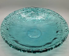 Fire Light Style Recycled Art Glass 12x2.5” BLUE Green Bowl Textured