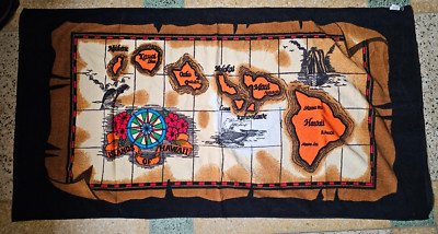 Hawaii Islands Vintage Black Beach Bath Towel Maui Nuhau Molokai Kauai Map AJW
