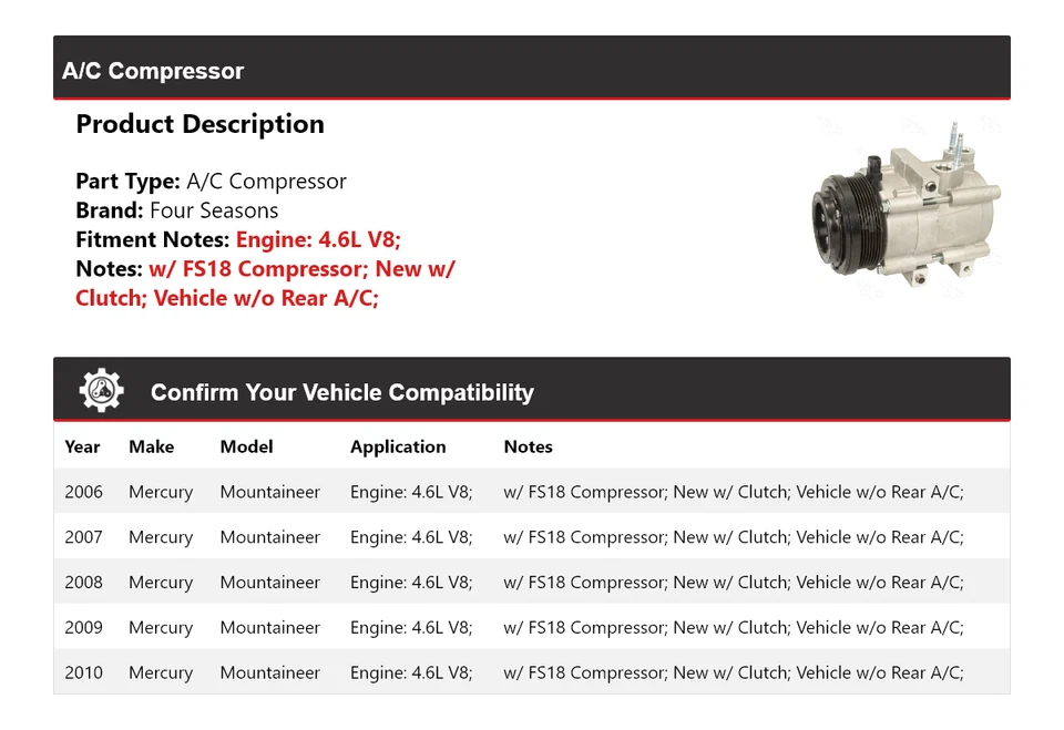 Compresor de aire acondicionado Mercury Mountaineer 2006-2010 4,6 L V8 4 estaciones 2007 2008 Foto 2 de 4