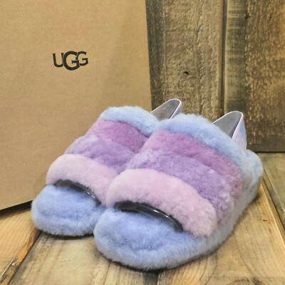 UGG FLUFF YEAH SLIDE WOMENS US 5 WOOL SLIPPER SANDAL CORNFLOWER BLUE MULTI 