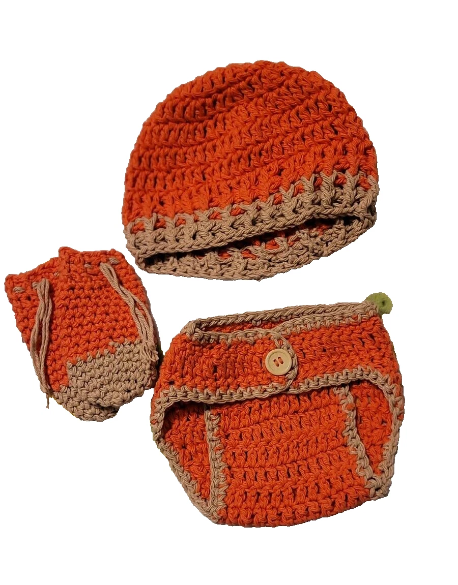 Handmade Crocheted 0-3 months Infant Beanie, Diaper Cover, and Mittens SET