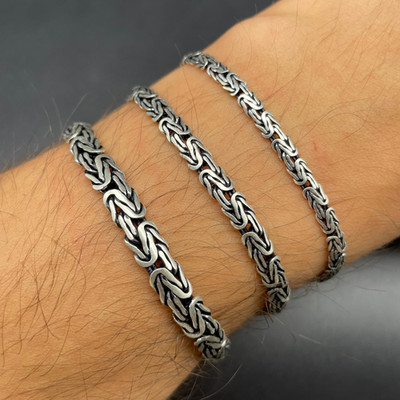 925 Sterling Silver Oxidized Flat Byzantine Bracelet, Handmade Italian Gift Men