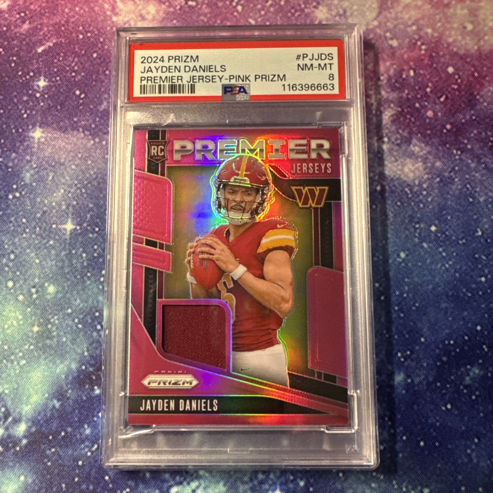 2024 PRIZM Premier jersey Jayden Daniels Pink Prizm Rookie Patch PSA 8