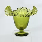 Early Pre-Designer Blenko Handmade Glass 388 Crimp Top Bell Vase in Chartreuse