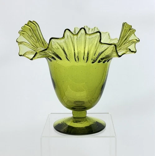 Early Pre-Designer Blenko Handmade Glass 388 Crimp Top Bell Vase in Chartreuse