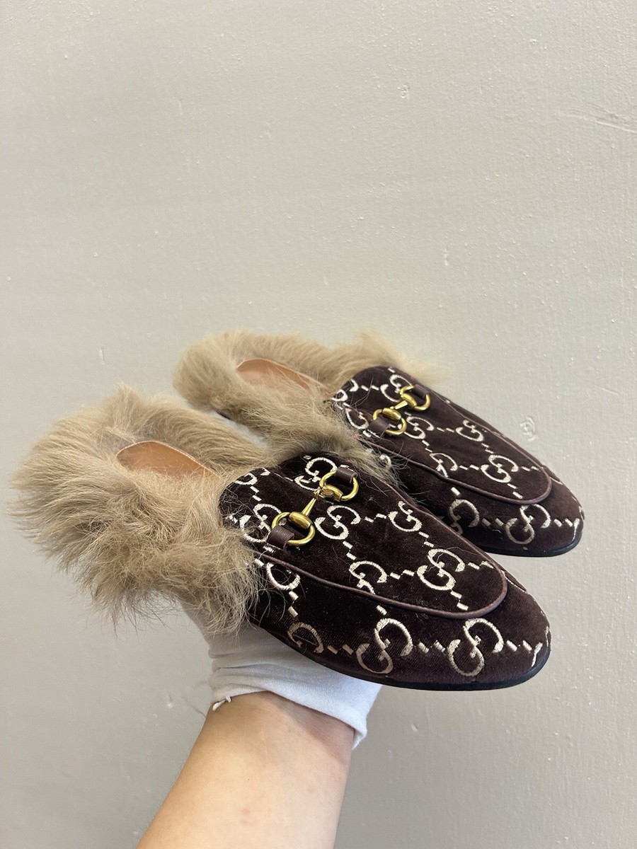 Gucci Princetown Fur Mule Loafer GG beige Canvas Shoes Women's Size 36 eu  us