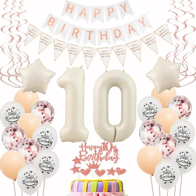 décoration 10 ans anniversaire fille beige or rose ballons 10 ans fille anniv... - Photo 1/4