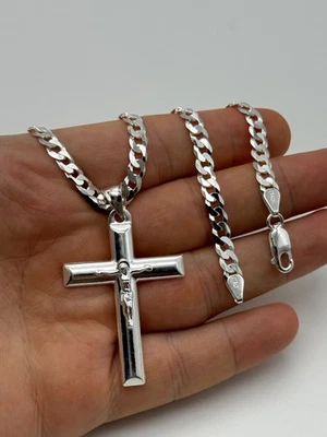 925 Solid Sterling Silver Large Crucifix Cross Pendant 24 Inch Necklace Chain - Image 1 of 4