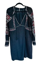 Free People All My Life Embroidered Mini Tunic Black Dress V Neck Size M Boho