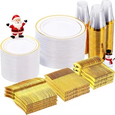 600 Pieces Gold Disposable Plates for 100 Guests, Plastic Plates for Party, D...