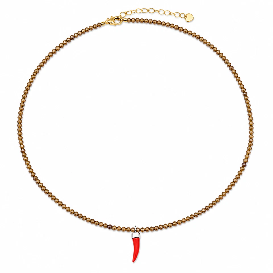 Collier en cristaux d'obsidienne avec corne en corail et fermeture en acier - Photo 1/1