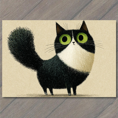POSTCARD Big Eyed Black White Cat Cute Whimsical Animal