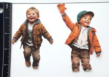 Lot of 2 Happy Young Boys Brothers Leaf Playing SINGLE LAYER Embellishments 719