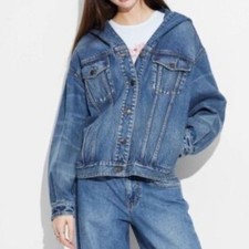 Wild Fable Women's Hooded Oversized Denim Trucker Jacket features a button XS