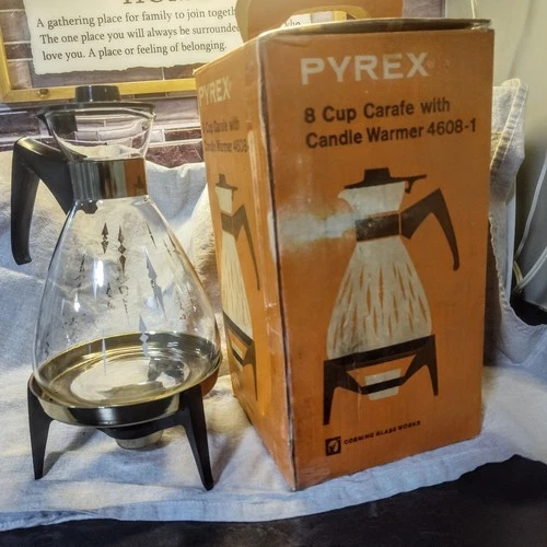 Vintage PYREX Glass Coffee Carafe Pitcher Black White Gold Diamond Made USA FLAW