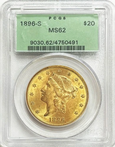 1896 S GOLD US $20 LIBERTY HEAD DOUBLE EAGLE COIN PCGS MINT STATE 62 GREEN LABEL