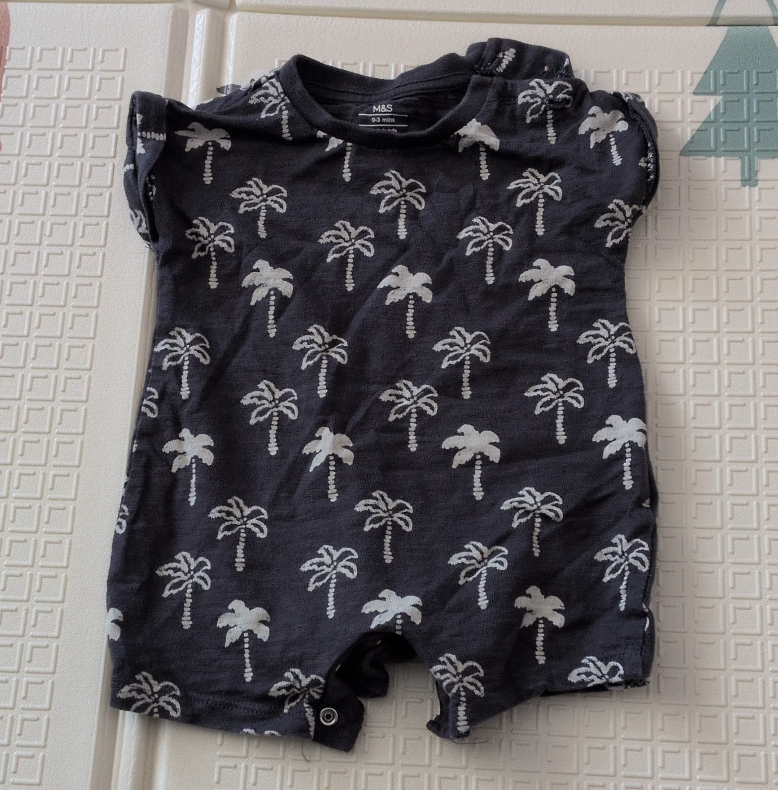 M&S 0-3M Cotton Jersey Playsuit Charcoal Palm Tree Print SS Snap Button