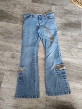 Vtg bongo girls Blue Jeans Embroidered Paisleys Camo Accents flare jeans size 7