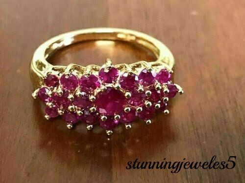14K Yellow Gold Finish 2.55CT Round Cut Real Red Ruby Wedding Cluster Ring Gift - Picture 2 of 7