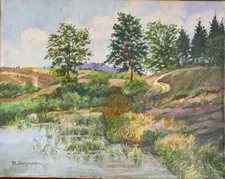 Oil painting signed Heinrich Grossmann (1881-1950) landscape reeds trees