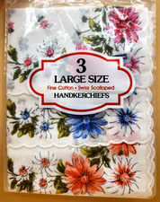 3 Large 100 Fine CottonSwiss Scalloped Floral Handkerchiefs, BRAND NEW
