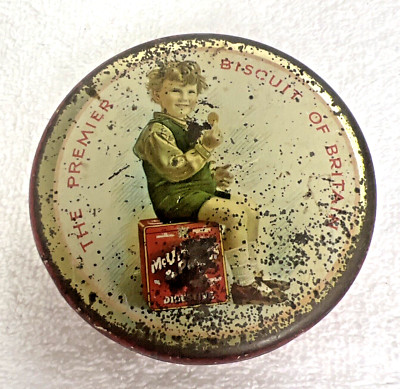 The Premier Biscuit of Britain Small Tin Boy Sitting on Box Eating Cookie 3 1/4