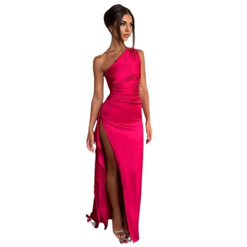 Womens Cocktail Long Dresses, One Shoulder Sexy Bodycon, Ruched Wrap Split Party - Picture 6 of 24