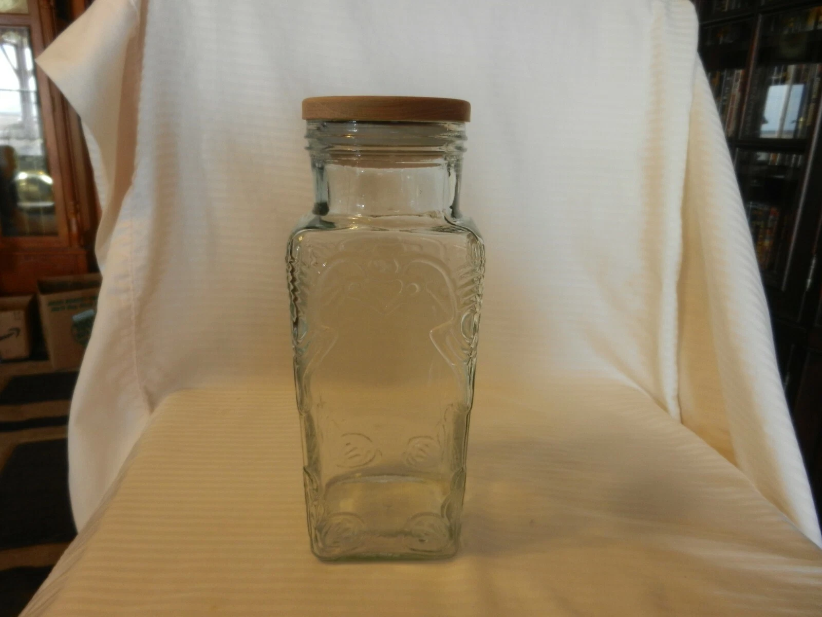 11" Tall Square Glass Canister With Lid Embossed Design Heart & Flowers