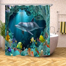 3D Sea World Dolphin Print Waterproof Shower Curtain Sets Bathroom Decor Curtain