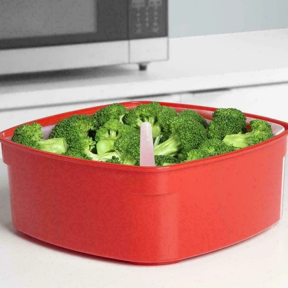 Vaporizador grande sistema microondas con cesta de vapor extraíble, 3,2 L - rojo/transparente Foto 2 de 4