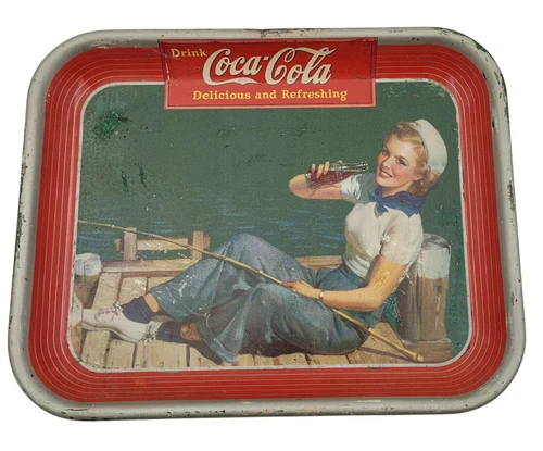 Vintage 1940 Coca-Cola Metal Tray-Sailor Girl on Pier Drinking Coca-Cola