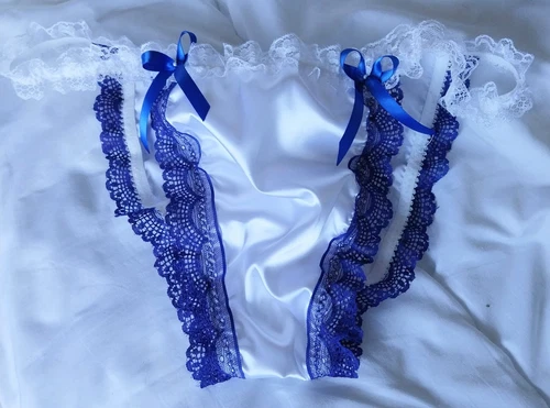 WHITE  SATIN  Indigo blue Lace Sissy Panties for men cd tv sexy  Ladies knickers