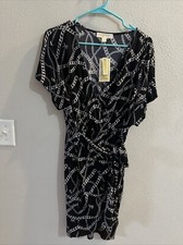 Michael Kors Black Wrap Dress Medium, Short Sleeve Silver Chain Design- Stunning